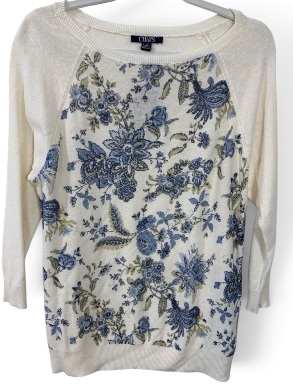 Chaps Ivory & Blue Floral Print Women's Petite Crewneck Sweater - Size LP